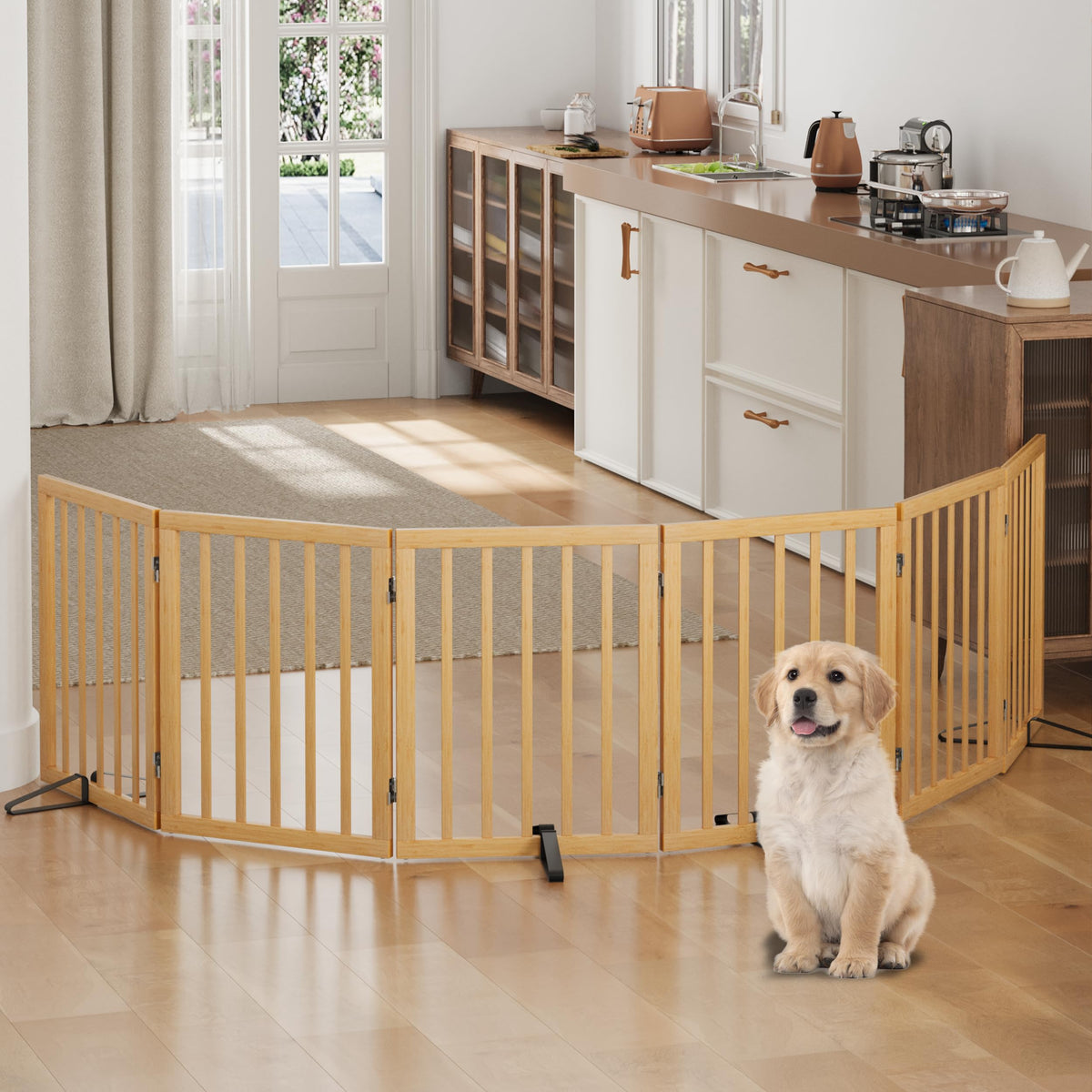 Dog Gates for Doorways, Tall Dog Gate Indoor, Foldable Pet Gates for Doorways Bedroom, Freestanding Puppy Gate with Metal Support Feet, Room Divider,3 Panels (Walnut)