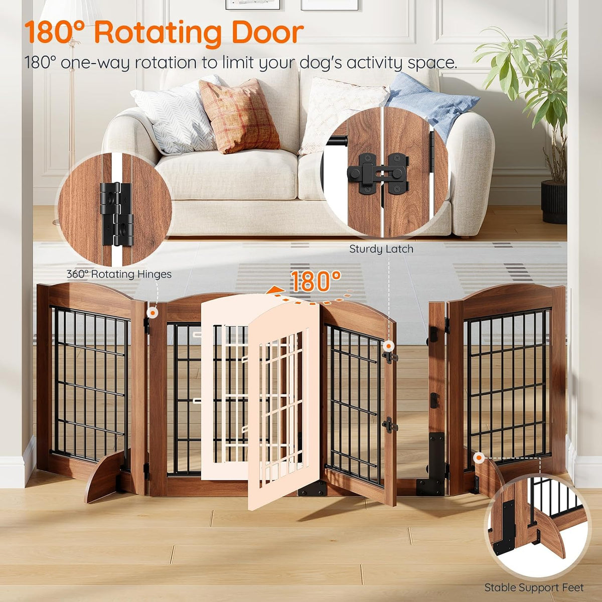 HOOBRO 4 Panels Dog Gate Indoor with Door, 24.8'' Tall Freestanding Pet Gate with 2 Support Feet, Foldable Dog Fence for Doorways, Stairs, Wooden Pet Puppy Safety Fence, Walnut BH85PP03N1