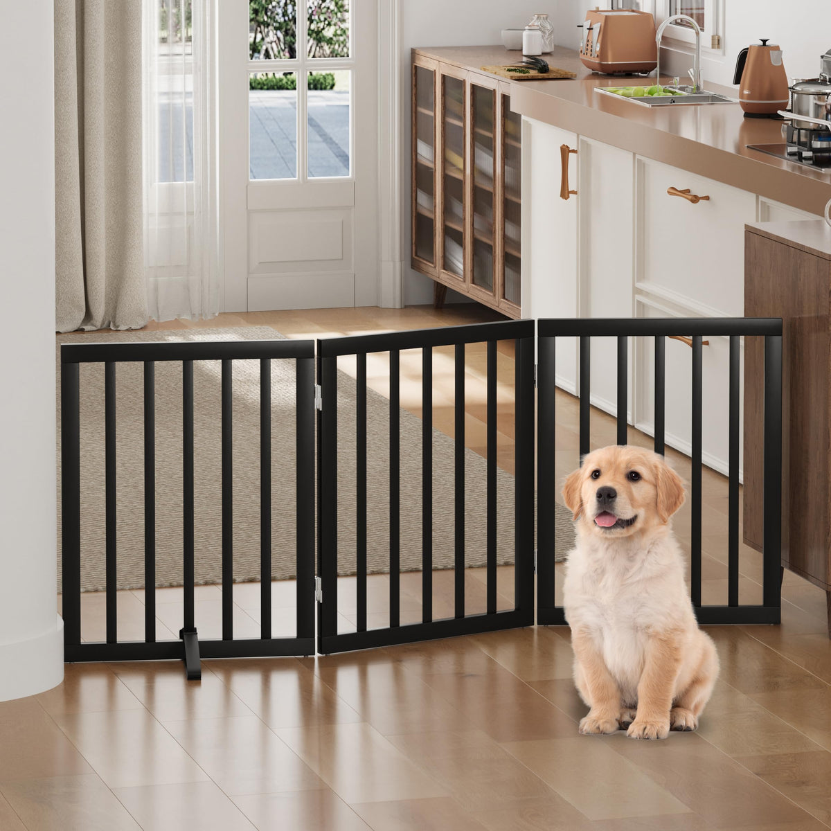 Dog Gates for Doorways, Tall Dog Gate Indoor, Foldable Pet Gates for Doorways Bedroom, Freestanding Puppy Gate with Metal Support Feet, Room Divider,3 Panels (Walnut)
