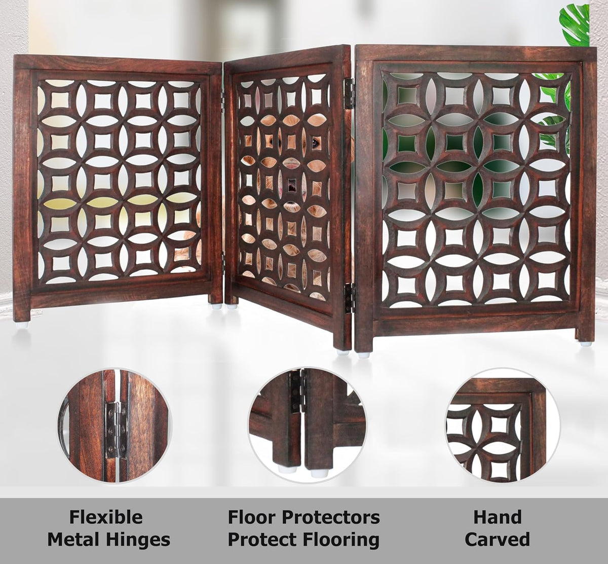 Wooden Foldable Pet Dog Gate - Hand Carved 3-Panel 60 W x 24 H