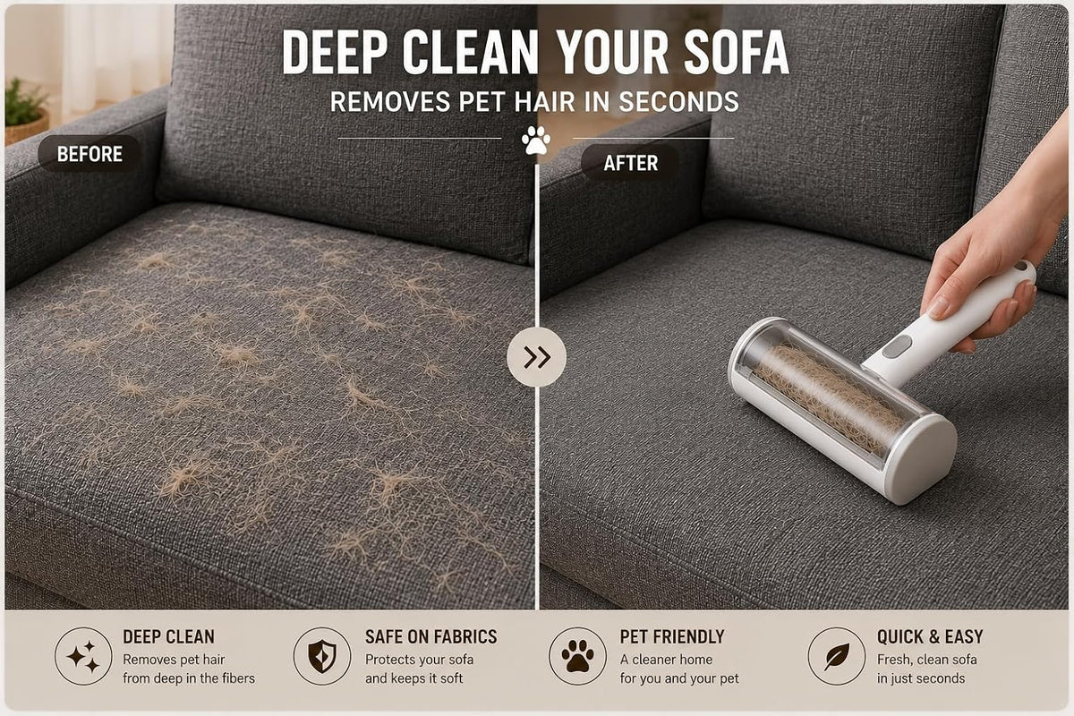 Pet Hair Remover Roller for Furniture and Couch - Reusable Two-Way Dog & Cat Fur Remover Tool - Self-Cleaning Multi-Surface Lint Roller for Carpet, Bedding and Car Interiors