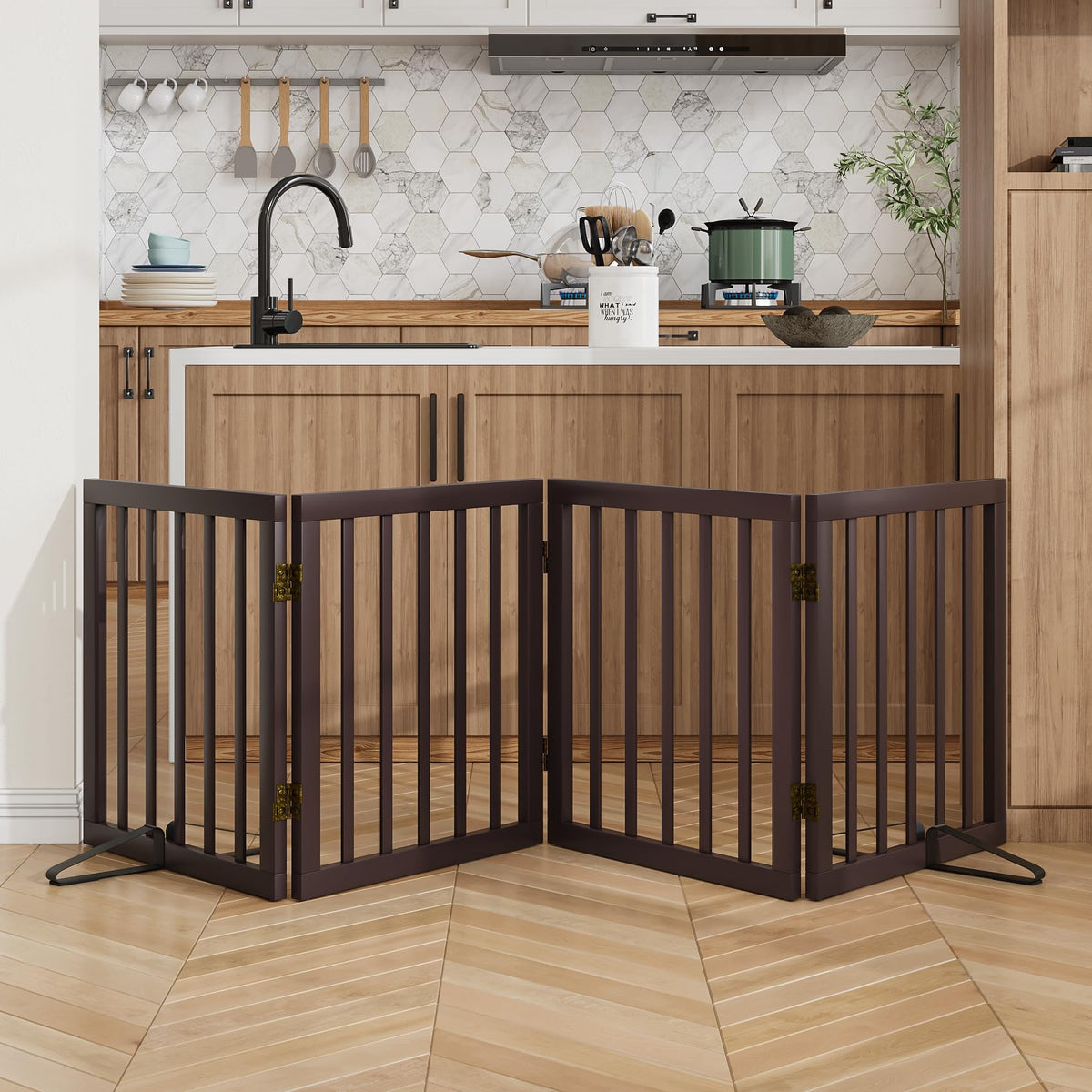 Freestanding Pet Gate Foldable 4 Panel Dog Gate Walnut Dog Gates for Stair Doorways House Indoor (2 Support Feet Included)