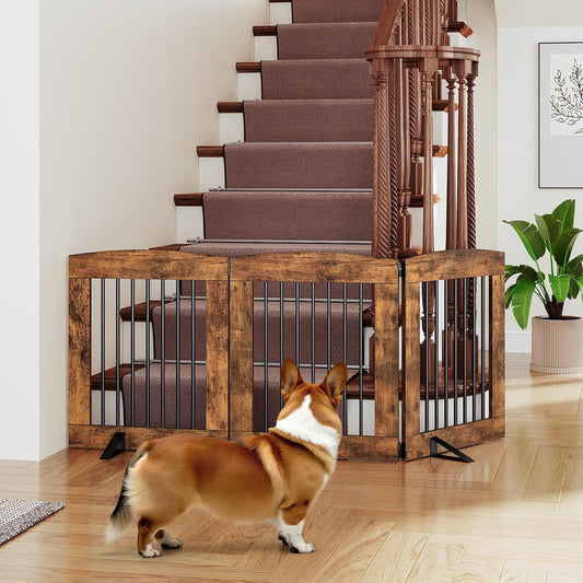 HOOBRO Indoor Dog Gate with Support Feet, Freestanding Pet Gate for Doorway, Stairs, 24 Inch 3 Panels, Folding Dog Fence, 360° Hinge for Easy Access, Sturdy Iron Pipe, Rustic Brown BF05PP03
