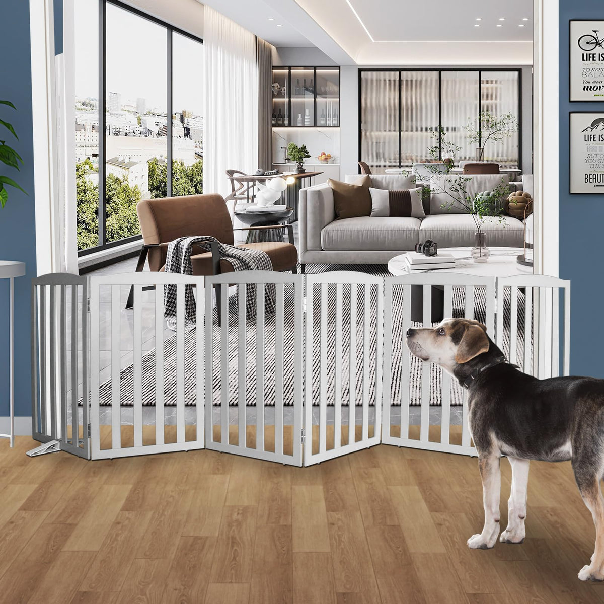 Freestanding Dog Gate Indoor,Doggie Gate Foldable Pet Gates for Doorways,Stairs or Hallways, Wooden Brown Pet Gate for the House, Pet Fence with Support Feet Included,24 "Height-2 Panels