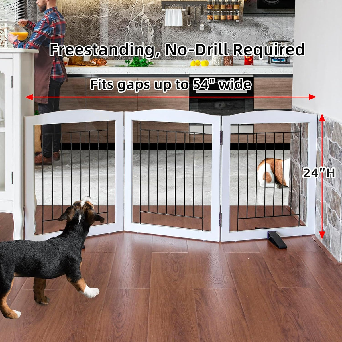ZJSF Freestanding Dog Fence Indoor, Foldable Dog Gate for Doorways, Stairs or Hallways, Sturdy Wood Extra Wide Pet Gate with Support Feet for The House, White, 24 "Height-3 Panels