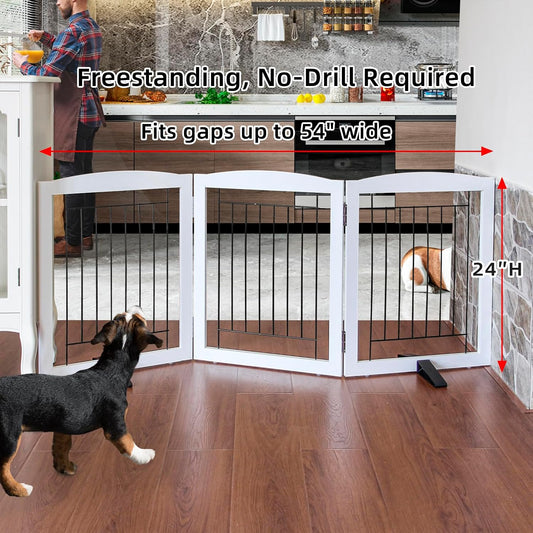 ZJSF Freestanding Dog Fence Indoor, Foldable Dog Gate for Doorways, Stairs or Hallways, Sturdy Wood Extra Wide Pet Gate with Support Feet for The House, White, 24 "Height-3 Panels