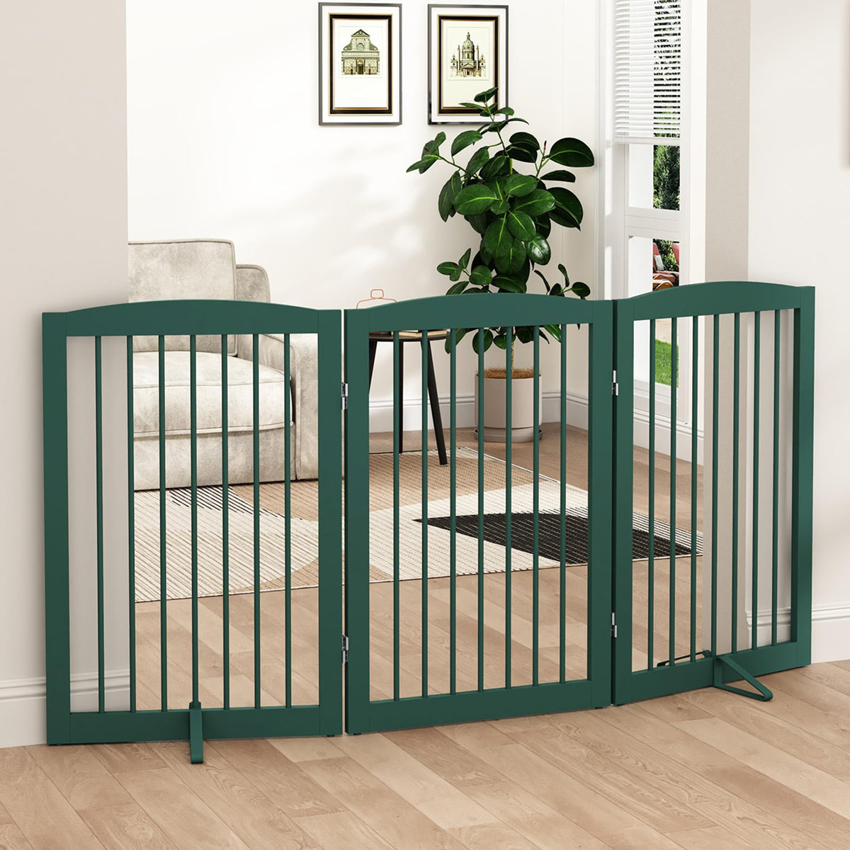 PUPETPO Freestanding Pet Gate for Dogs, Foldable Wooden Dog Gate for House, Indoor Pet Barrier for Stairs, Doorways, Support Feet Included, 24" Height 2 Panels, White