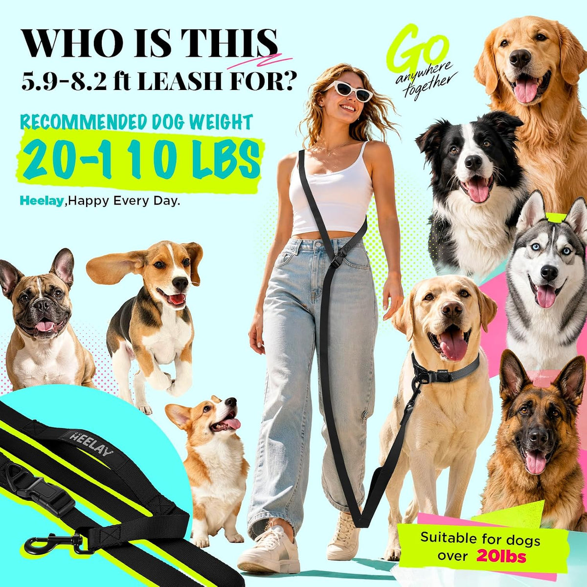 Hands Free Dog Leash, 5.9-8.2ft Multifunctional Crossbody Rope with Explosion-Proof Handle and Adjustable Training Hands Free Leash for Medium Dog Walking Jogging and Running