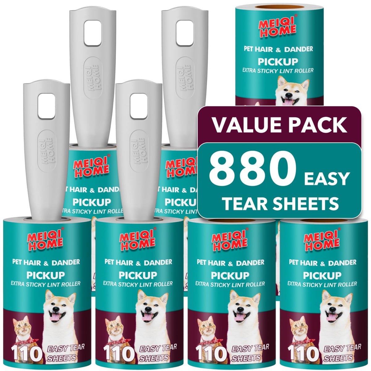 MEIQIHOME Lint Rollers for Pet Hair Extra Sticky, 1110 Sheets Mega Value Set Lint Roller with 5 Upgraded Handles, 10 Rollers Portable Pet Lint Roller for Clothes, Furniture, Dog & Cat Hair Removal