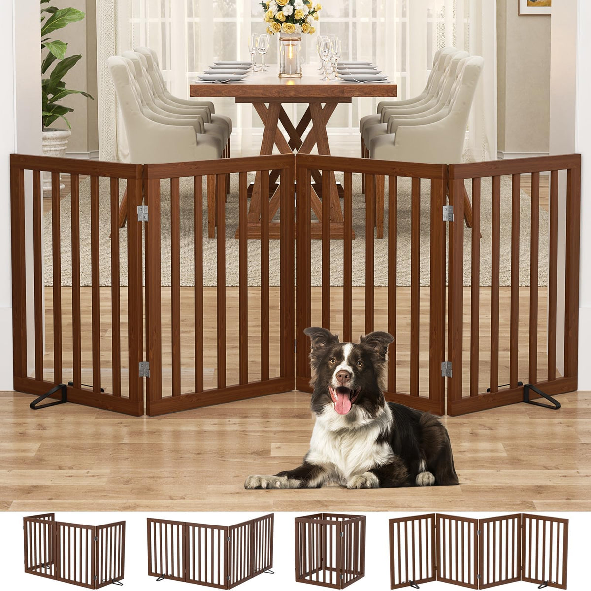 Homykic Freestanding Dog Gate Indoor, 75”W X 24”H Bamboo Pet Gate, Walnut