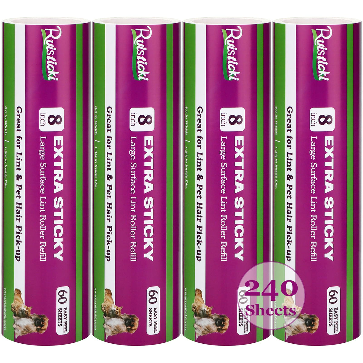 8 inch Lint Roller Refill for Scotch-Brite Pet Extra Sticky Large Surface Roller 50% Stickier Lint Roller Refill, Works Great On Pet Hair, 4 Refills, 60 Sheets per Refill, 240 Sheets Total