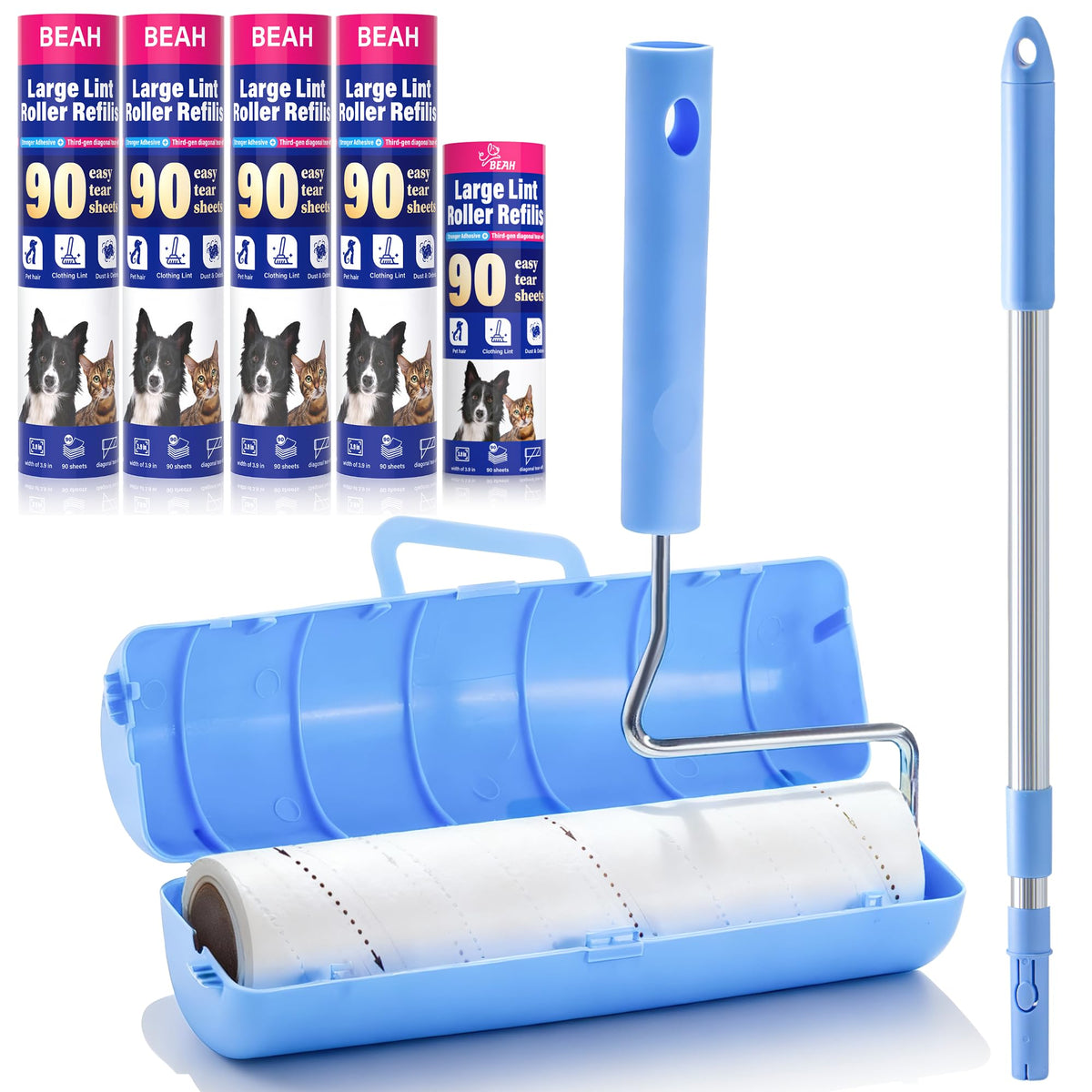 Lint Roller for Pet Hair Extra Sticky,10 Years Lifespan,9.45''/6.3" Pet Hair Removal Tool Roller for Pet Dog Cat Hair (1 Roller+4 Long Rolls 1 Short roll)