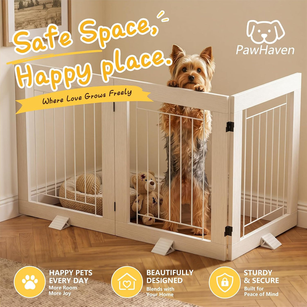 Faesun Dog Gate Indoor, Freestanding Dog Fence, 59x24-Inch Wooden Pet Gate for Dogs, 3-Panel Puppy Gates for Doorways, Hallways, Stairs, White