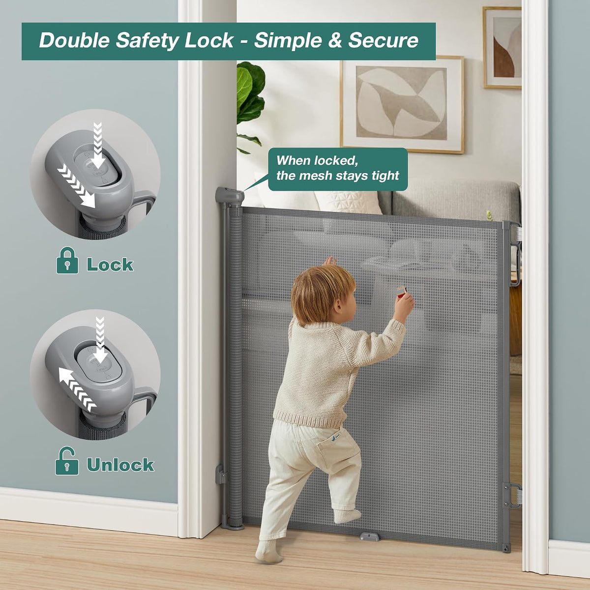 Retractable Baby Gate for Stairs, Dog Gate Indoor 55" Wide × 34" Tall Gray.