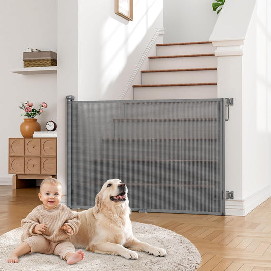 Retractable Baby Gate for Stairs, Dog Gate Indoor 55" Wide × 34" Tall Gray.