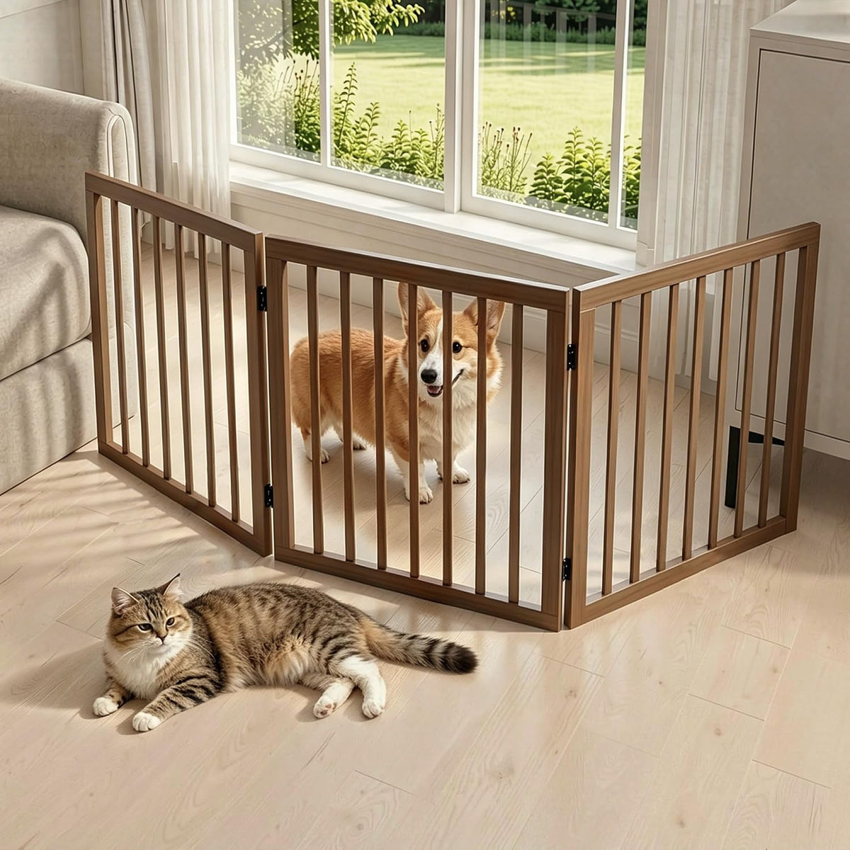 3-Panel Foldable Freestanding Wooden Dog Gate-Indoor Short Puppy Fence for Doorway
