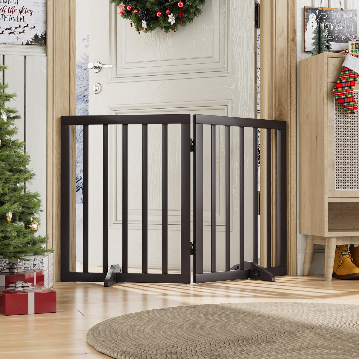 Freestanding Pet Gate Foldable Dog Gate (55 inches Wide) Walnut Bamboo Dog Gates for Stairs Doorways House (2 Support Feet Included)