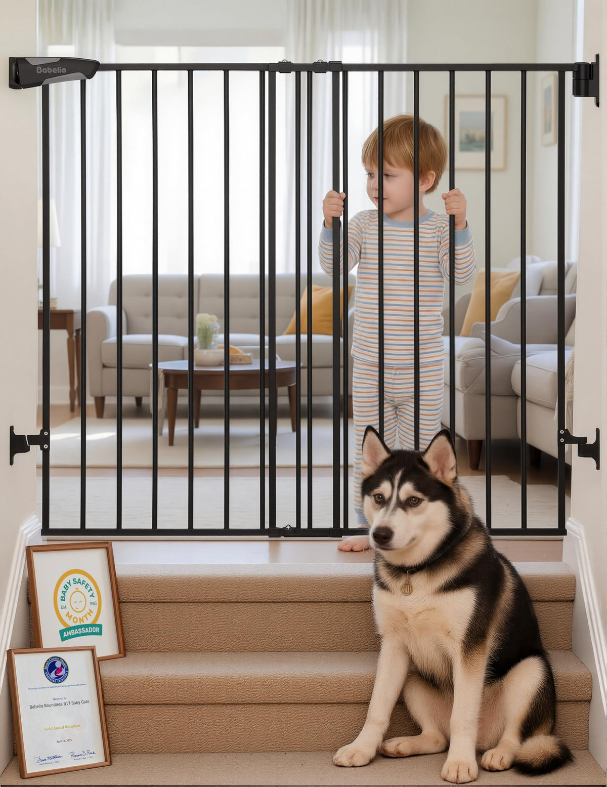 Babelio 34" Extra Tall No Bottom Bar Baby Gate, 26-43", Brown Wood Pattern