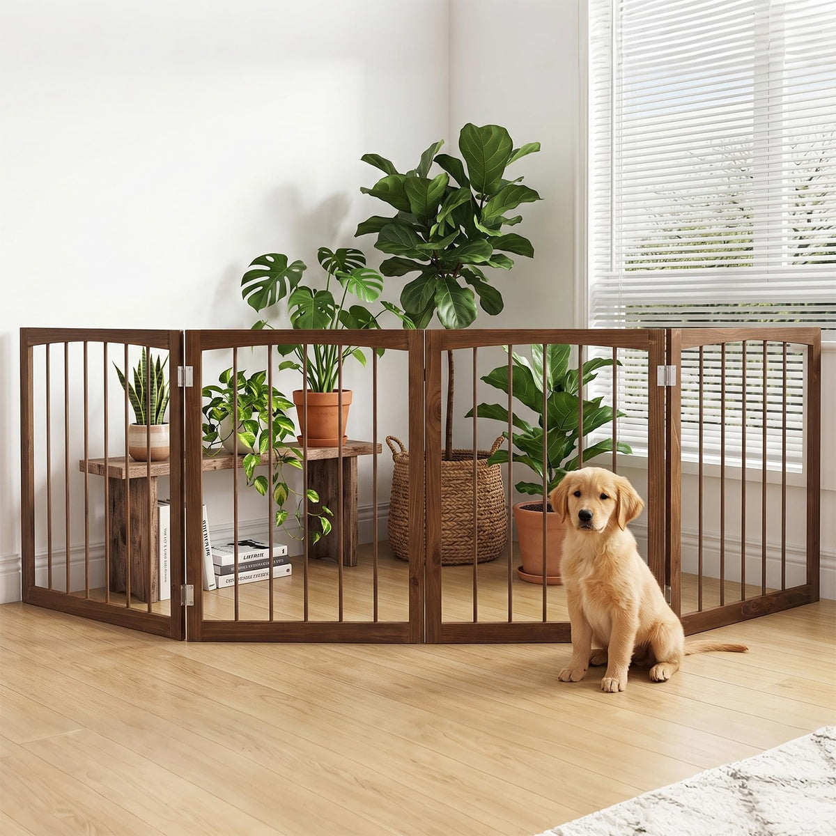PETSITE 4-Panel Wooden Pet Gate, Free Standing 30-inch Foldable Dog Gate