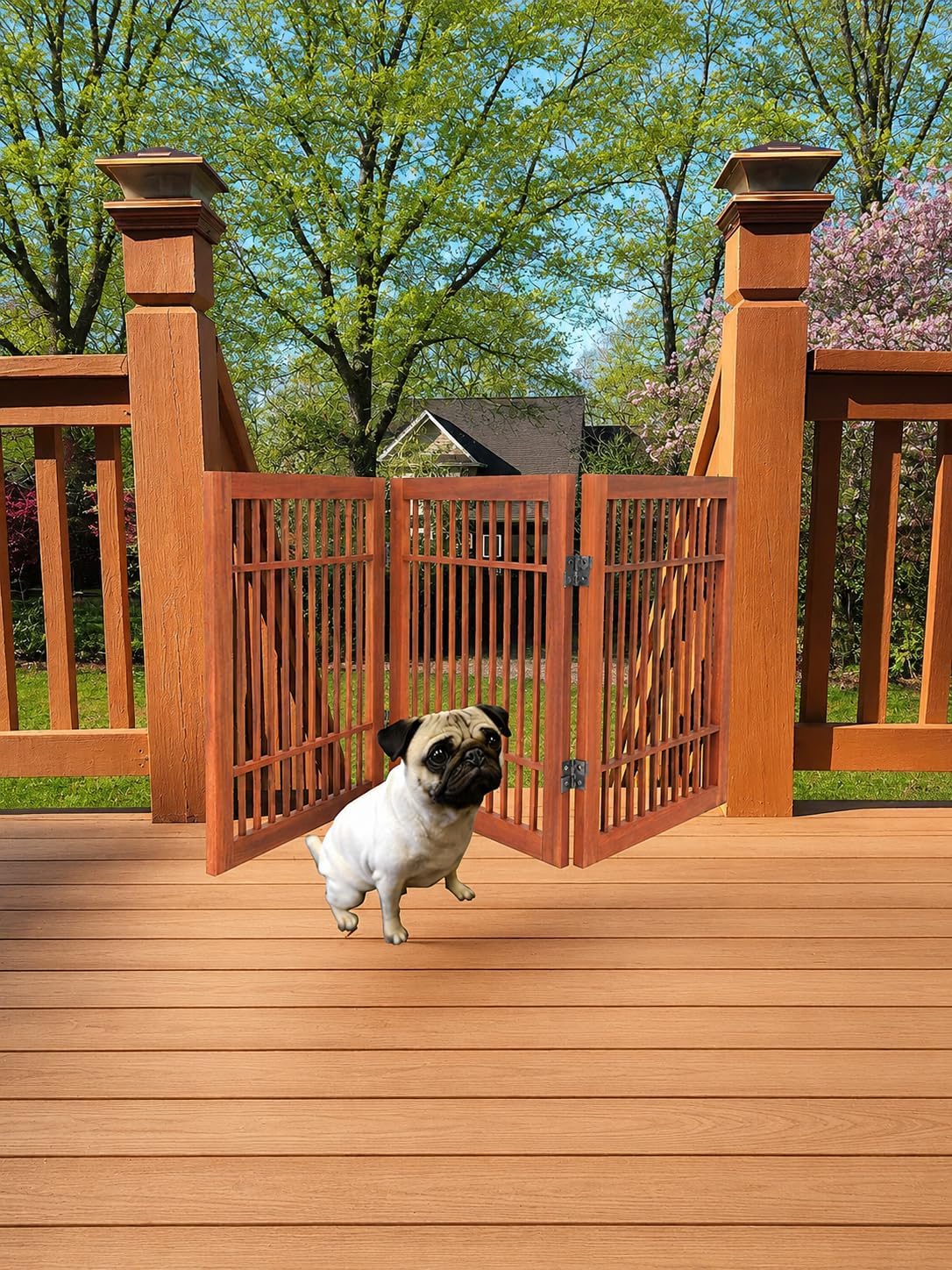 Urnporium Freestanding Wooden Dog Gate Foldable Indoor Pet Gate No Drill Expandable Barrier for Doorways Stairs Hallways Portable Wood Fence for Small Dogs & Puppies (Brown Pet Gate, 3 Panel 24" Tall)
