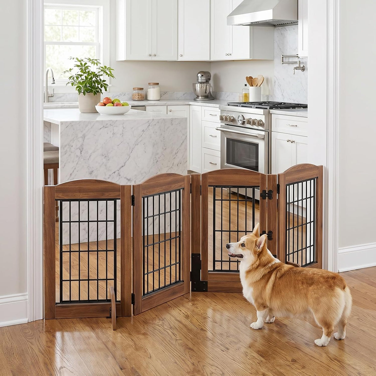 HOOBRO 4 Panels Dog Gate Indoor with Door, 24.8'' Tall Freestanding Pet Gate with 2 Support Feet, Foldable Dog Fence for Doorways, Stairs, Wooden Pet Puppy Safety Fence, Walnut BH85PP03N1