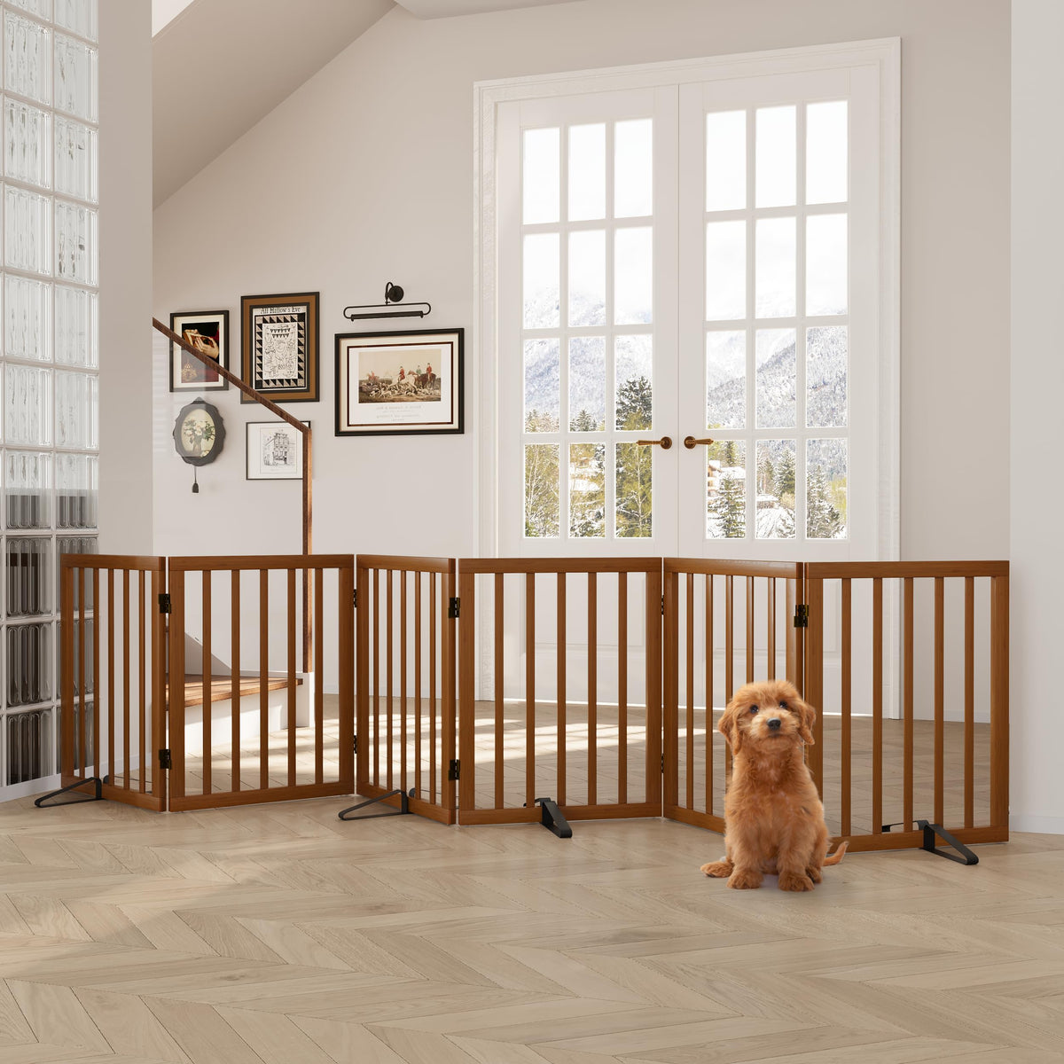 Semiocthome Dog Gate Indoor 2-Panel Freestanding Puppy Gates for The House with 2 Metal Stands 24" H Folding Wood Pet Gate for Stairs Doorway, Fully Assembled Safety Fence - Walnut