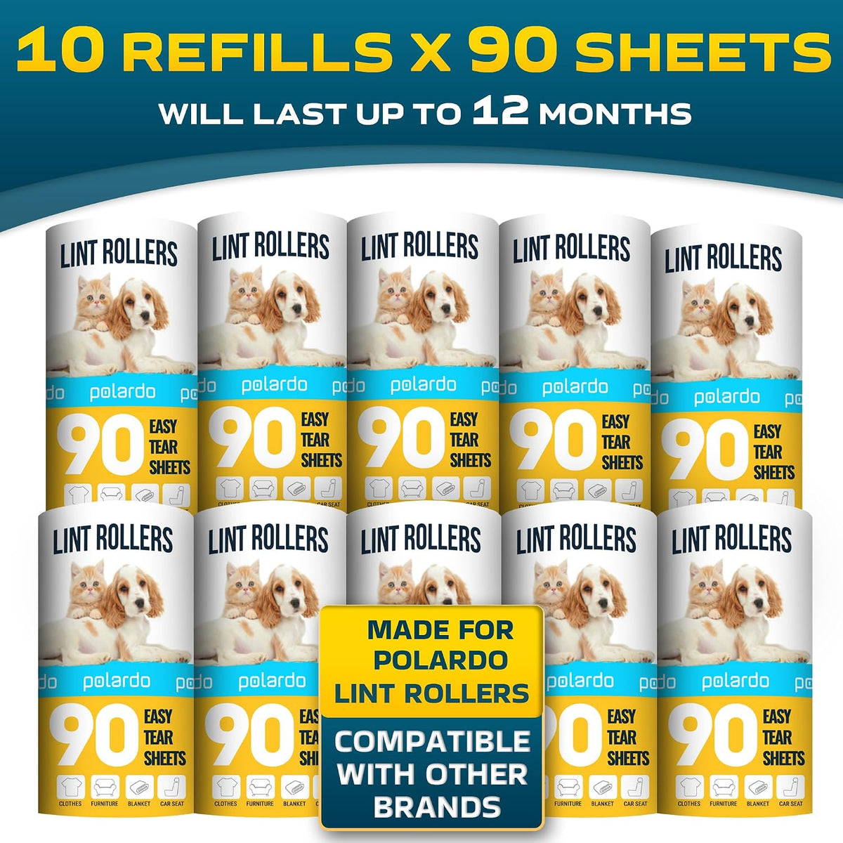 Lint Rollers 900 Sticky Sheets, 10 Spare Rollers,10 Pack of Refills Only. Pet Hair Remover for Clothes, Furniture, Couch, Carpet, Dog Hair Remover, Cat Hair Remover, Animal Fur, Fuzz