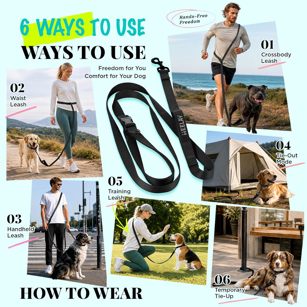 Hands Free Dog Leash, 5.9-8.2ft Multifunctional Crossbody Rope with Explosion-Proof Handle and Adjustable Training Hands Free Leash for Medium Dog Walking Jogging and Running