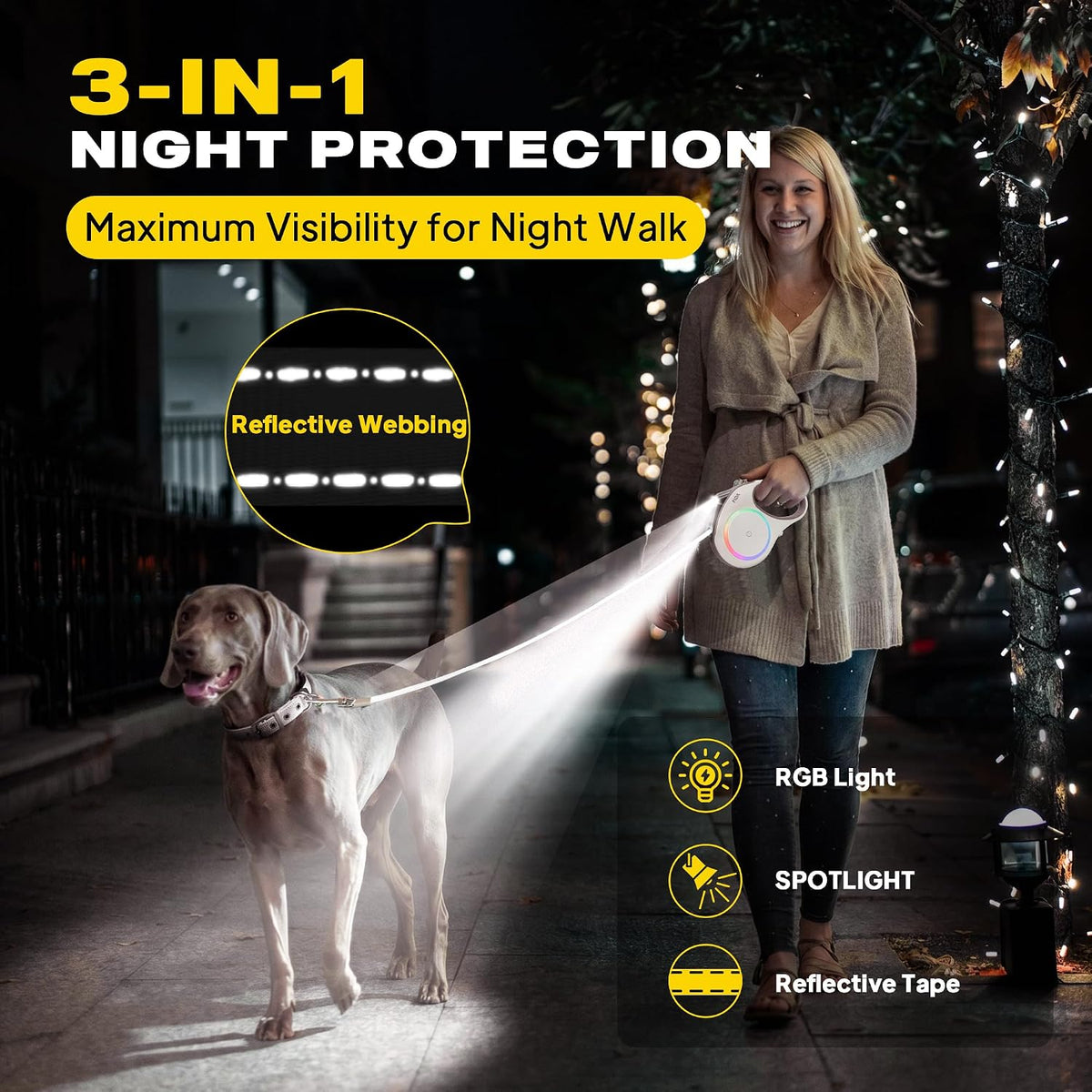 Fida Retractable Dog Leash with Light, 16 FT, Medium Large Dog Up to 88 lbs