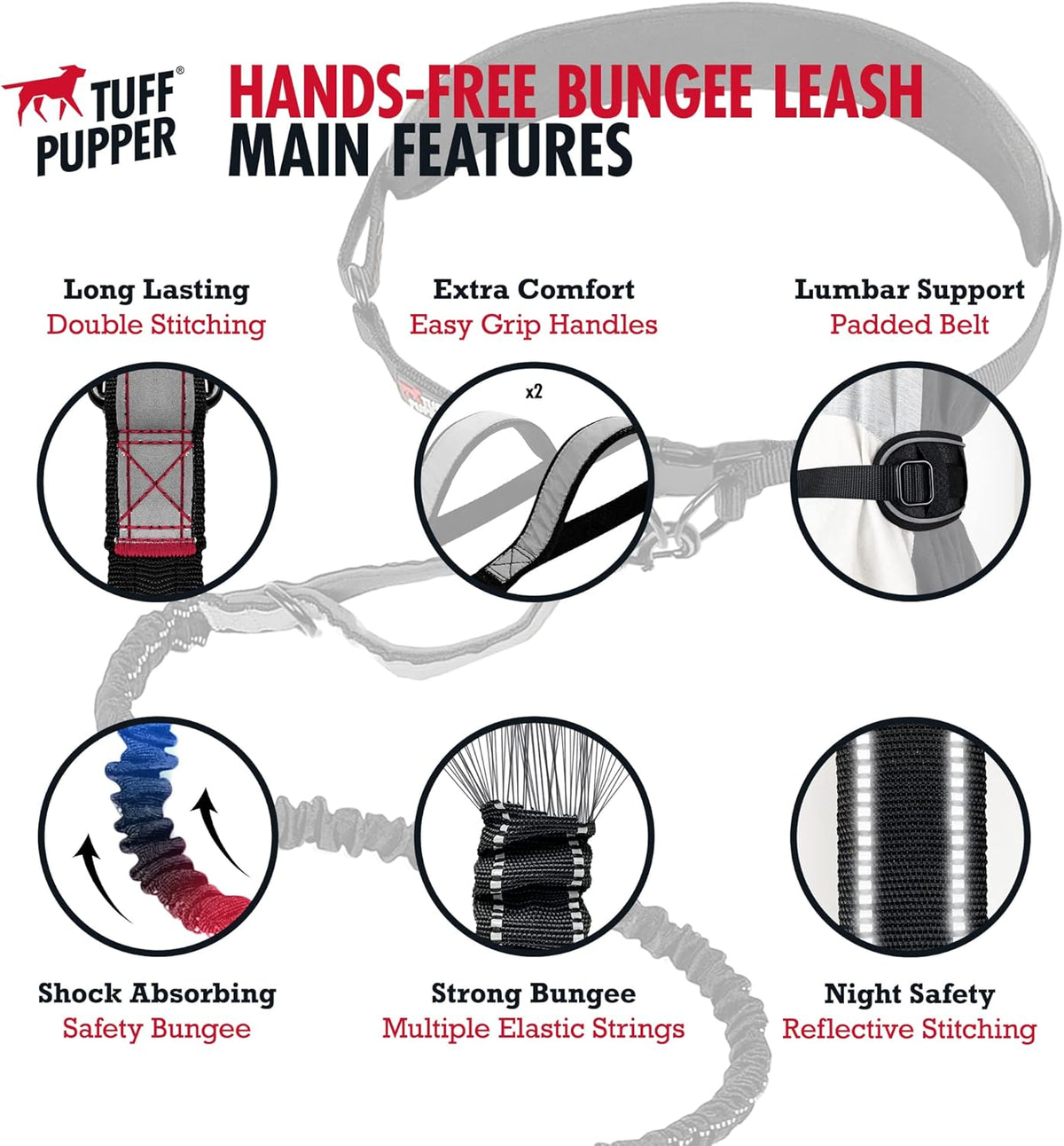 Tuff Pupper Hands Free Bungee Dog Leash, Waist Belt for Running & Walking