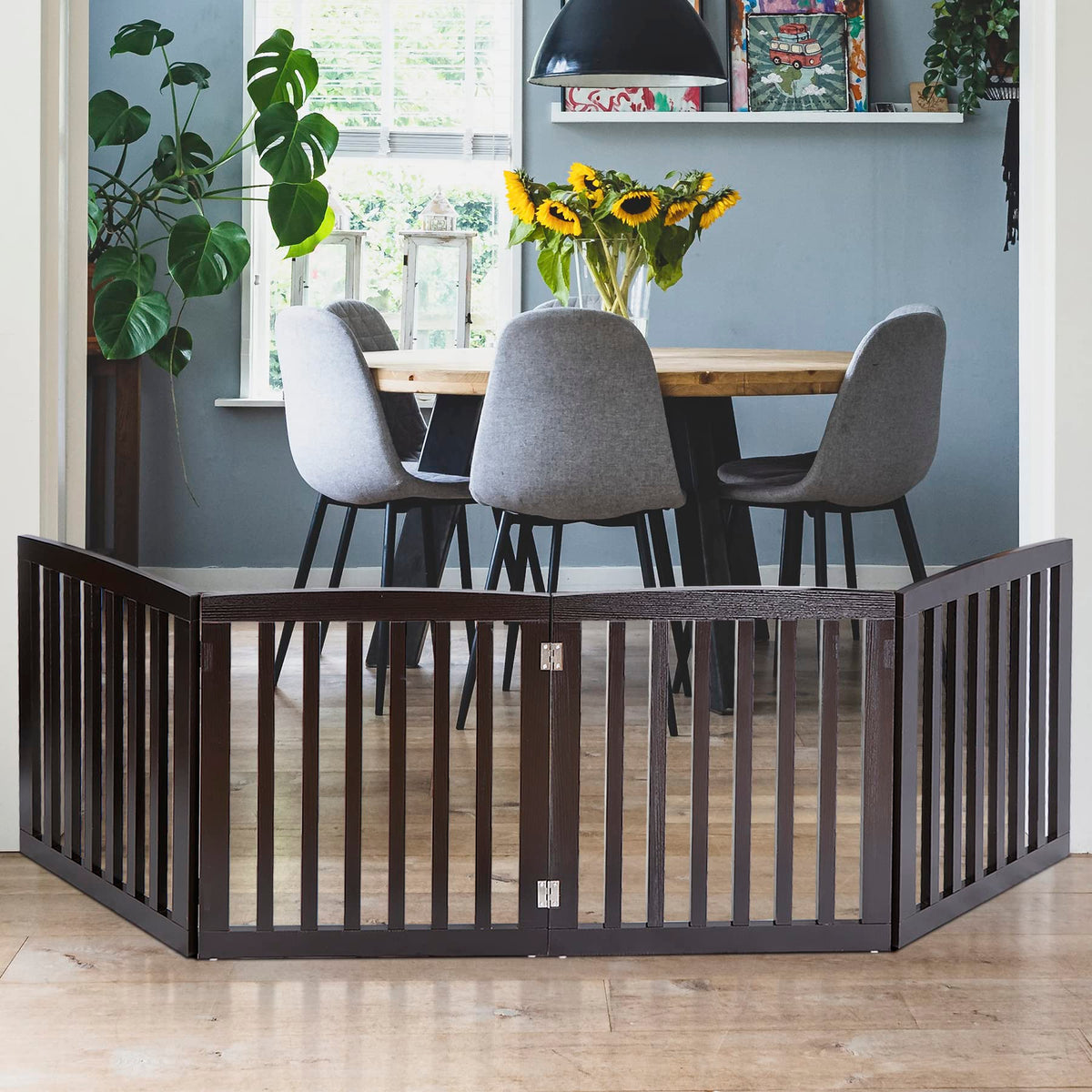 Dog Gate Pet Gate Indoor for Stairs Doorways 82x24 Inch 4 Panels Dog Fence Extra Wide Wooden Black