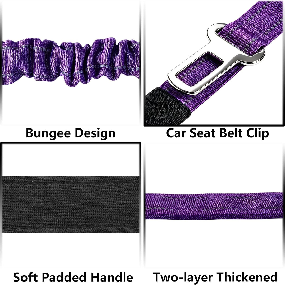 Bungee Dog Leash 5FT-6FT Shock Absorbing, Heavy Duty Tactical Dog Lead with Padded Double Handles, Car Seat Belt, No Pull Reflective Training Leashes for Medium Large Dogs (Purple)