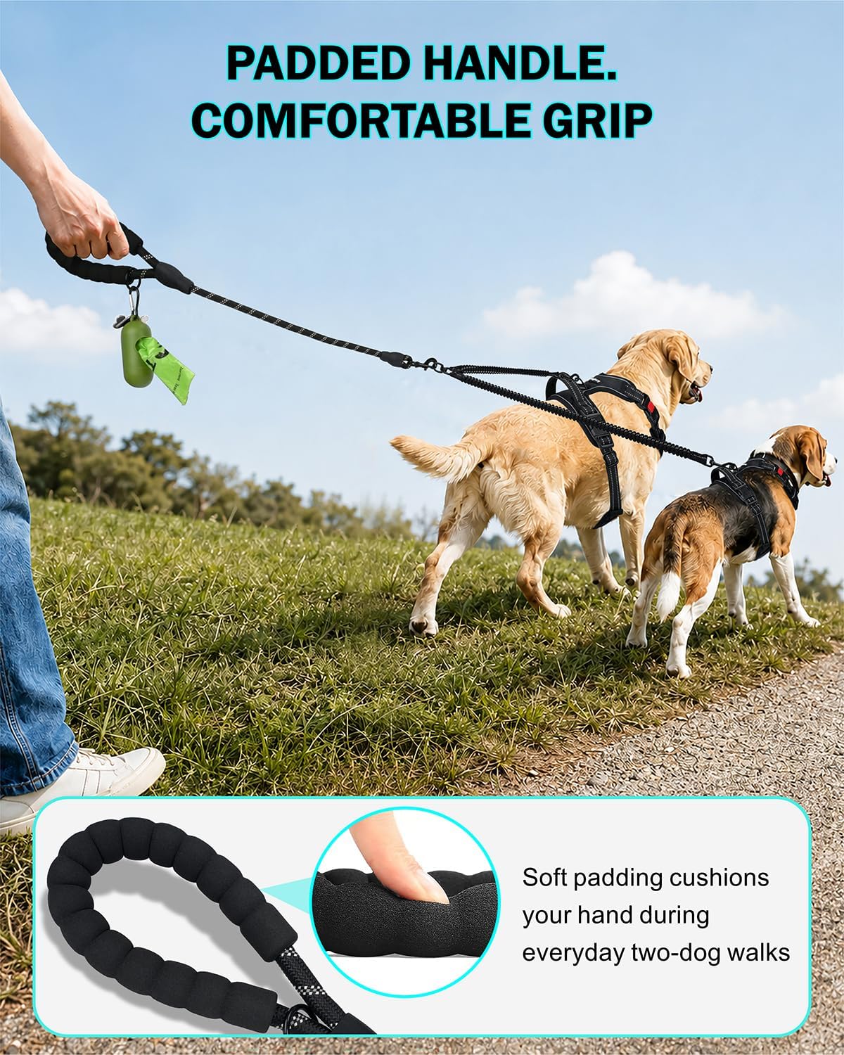 Taglory Double Dog Leash for Two Dogs No Tangle, Bungee Extension, Large