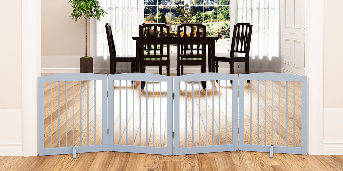 PUPETPO Freestanding Pet Gate for Dogs, Foldable Wooden Dog Gate for House, Indoor Pet Barrier for Stairs, Doorways, Support Feet Included, 24" Height 2 Panels, White
