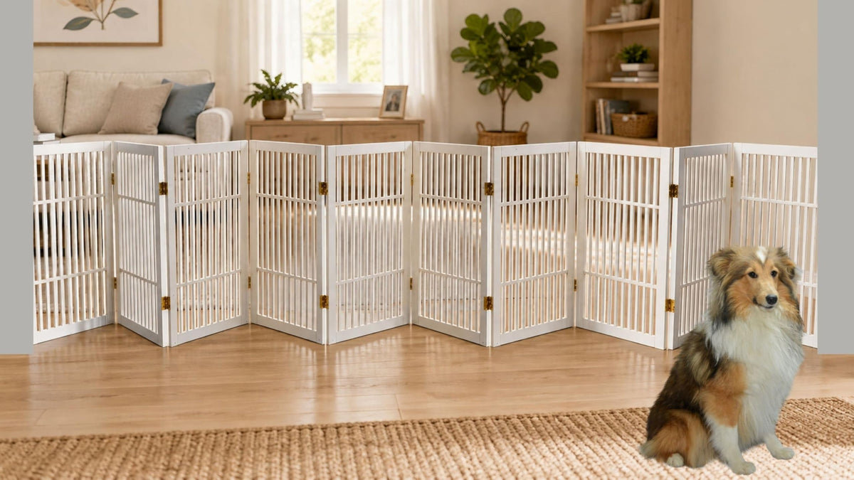 Urnporium Pet Dog Gate Freestanding, Strong Durable Folding Wooden Fence, Portable Acacia Hardwood Safety Barrier for Indoor & Outdoor Use (Brown Pet Gate, 3 Panel 30" Tall)