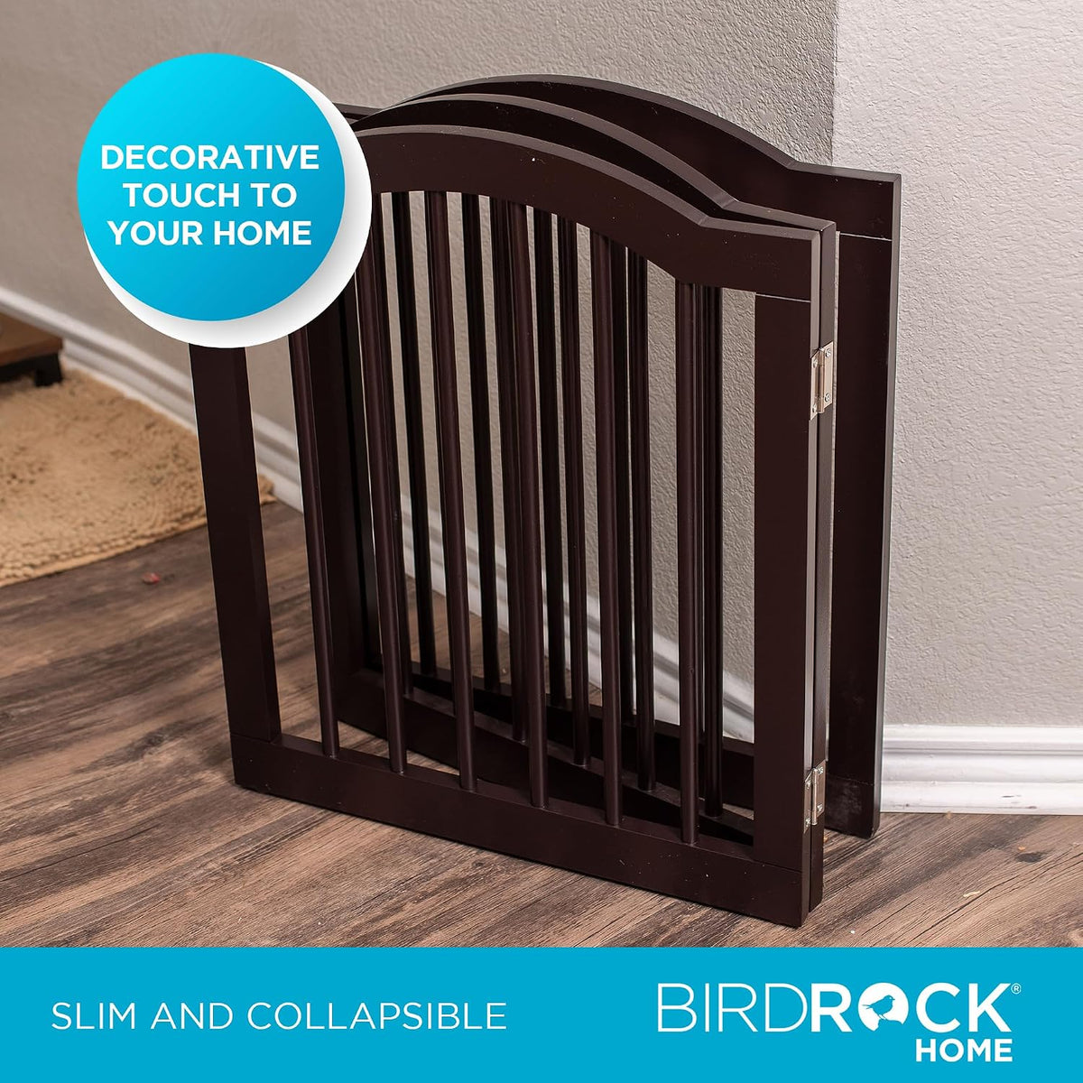 INTERNET'S BEST Arched Top Dog Gate | 4 Panel, 24" H Wooden Pet Barrier for Dogs or Cats | Freestanding Folding Room Divider for Doorways, Hallways, Stairs, and Porch | Portable, Extra Wide | Espresso
