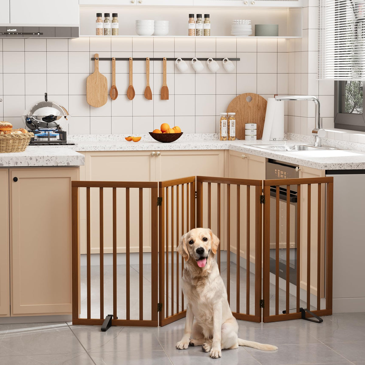 Semiocthome Dog Gate Indoor 2-Panel Freestanding Puppy Gates for The House with 2 Metal Stands 24" H Folding Wood Pet Gate for Stairs Doorway, Fully Assembled Safety Fence - Walnut