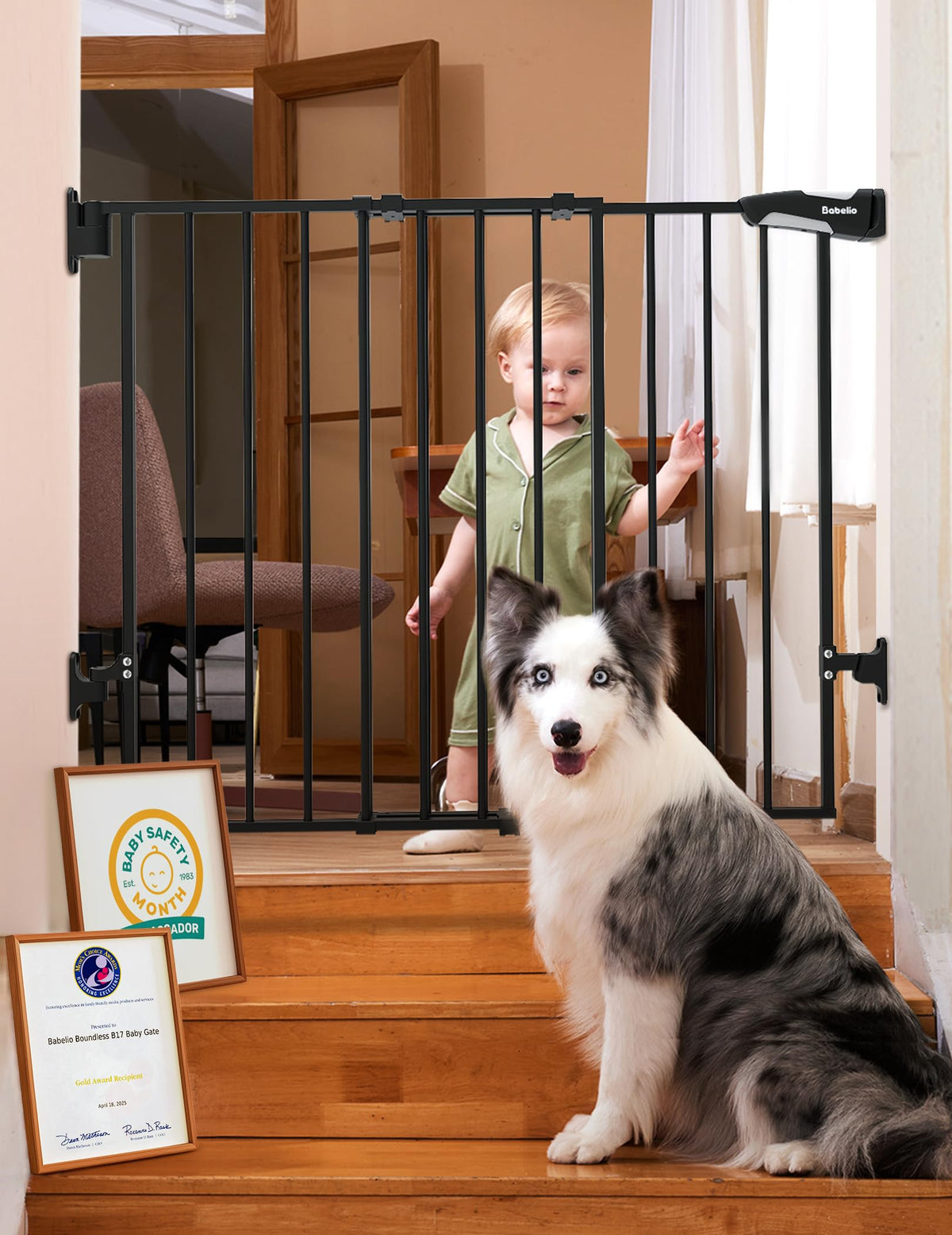 Babelio 34" Extra Tall No Bottom Bar Baby Gate, 26-43", Brown Wood Pattern