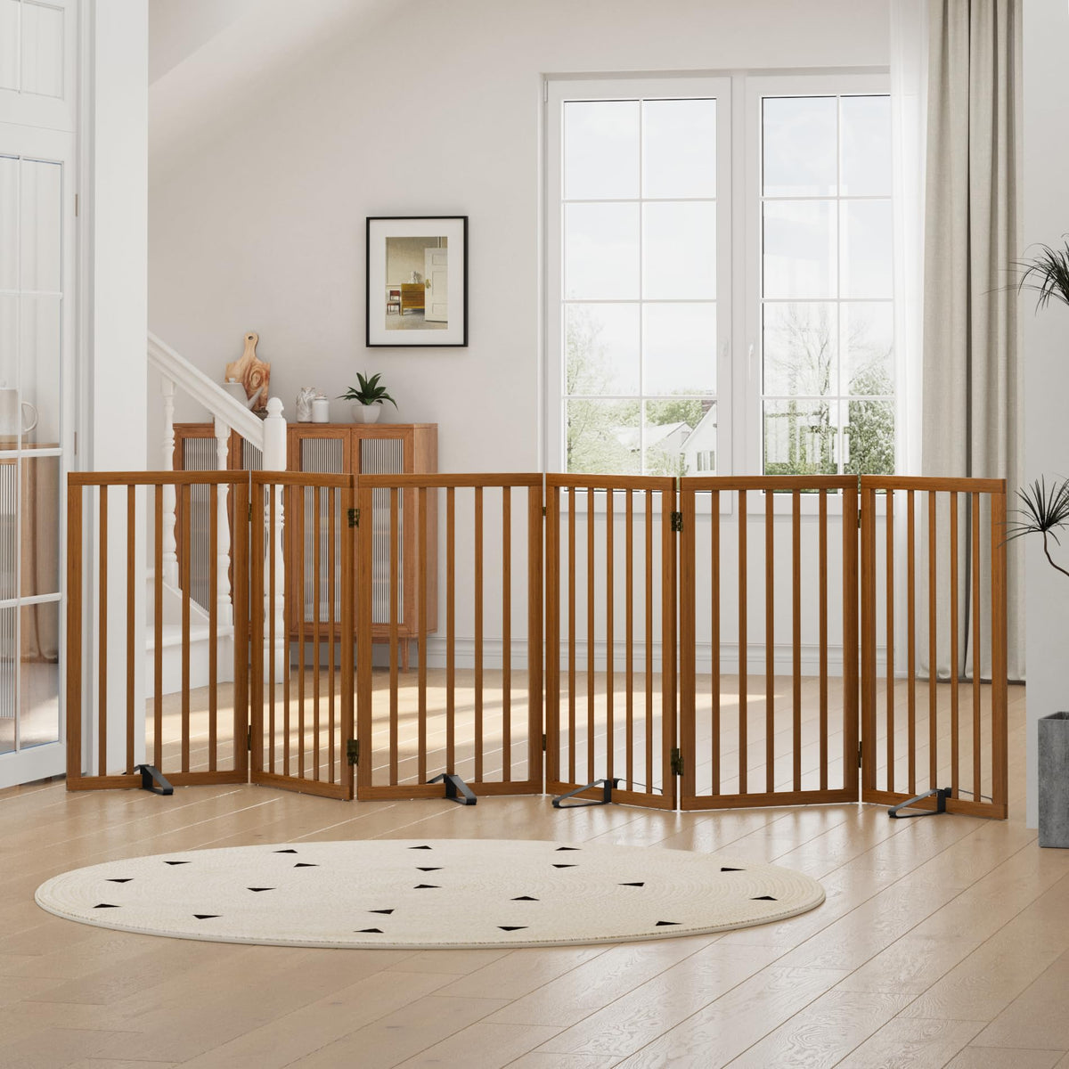 Dog Gates for Doorways, Tall Dog Gate Indoor, Foldable Pet Gates for Doorways Bedroom, Freestanding Puppy Gate with Metal Support Feet, Room Divider,3 Panels (Walnut)