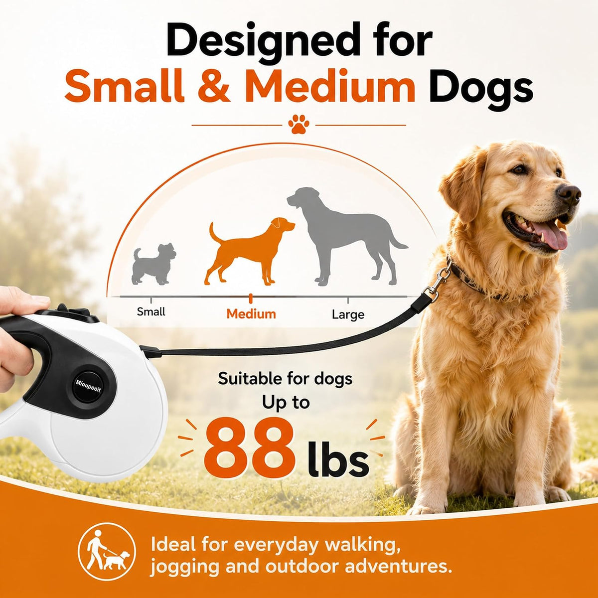 Retractable Dog Leash, 16 FT Dog Leash for Small and Medium Dogs up to 88 lbs, One-Hand Brake, Lock & Release, 360° Tangle-Free Nylon Tape, Anti-Slip Handle