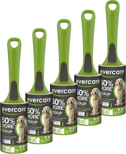Evercare Giant Extreme Stick Lint Roller Brushes with 60 Easy-Peel Sheets, Pack of 5 Refillable Lint Rollers for Hair and Debris (300 Sheets Total)