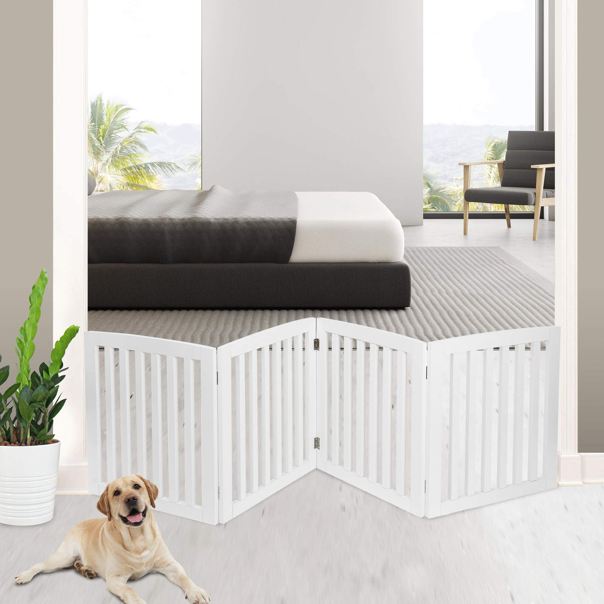Dog Gate Pet Gate Indoor for Stairs Doorways 82x24 Inch 4 Panels Dog Fence Extra Wide Wooden Black