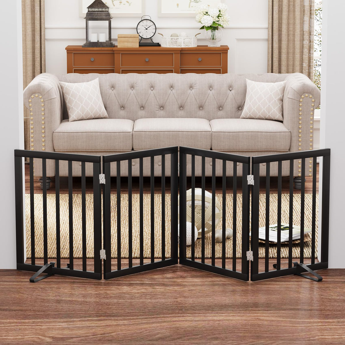Freestanding Pet Gate Foldable Dog Gate (55 inches Wide) Walnut Bamboo Dog Gates for Stairs Doorways House (2 Support Feet Included)