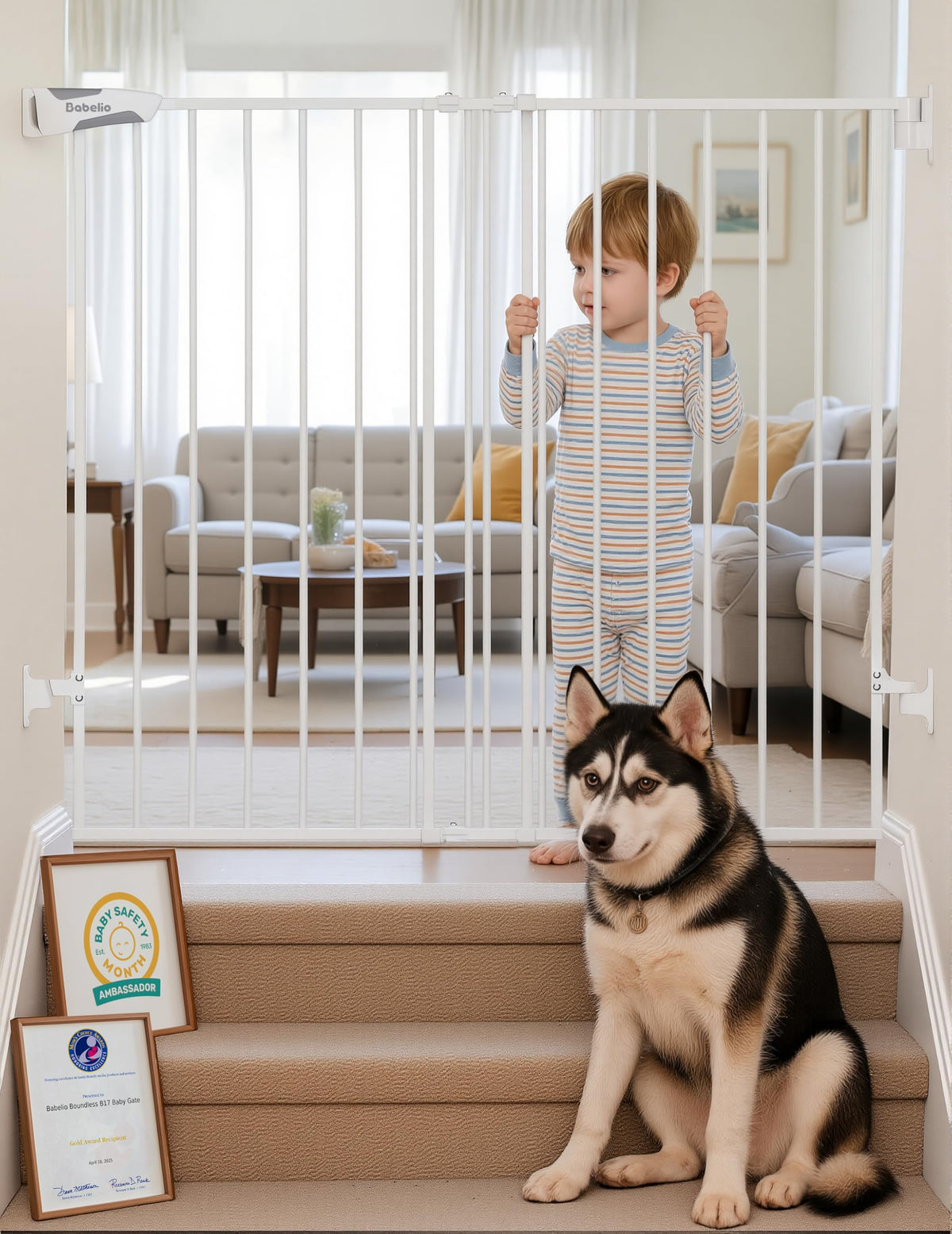 Babelio 34" Extra Tall No Bottom Bar Baby Gate, 26-43", Brown Wood Pattern