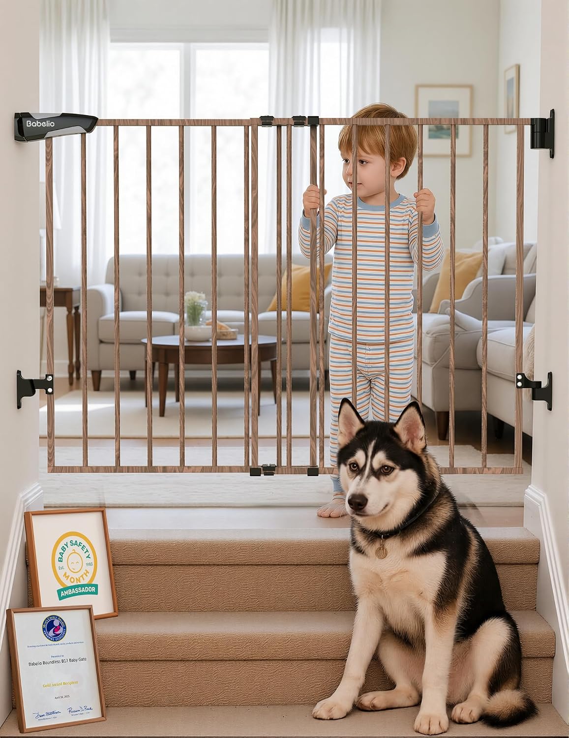 Babelio 34" Extra Tall No Bottom Bar Baby Gate, 26-43", Brown Wood Pattern