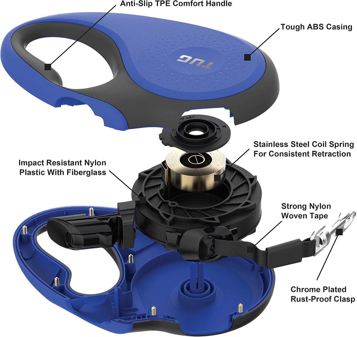 TUG Original Retractable Dog Leash, 16 ft (Medium, Blue)