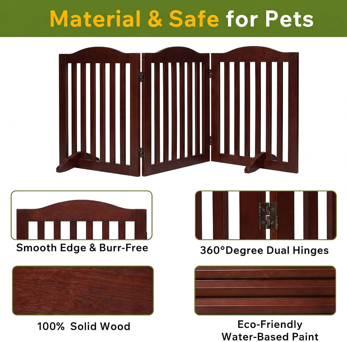 24 Inch Brown Foldable Dog Gate, 3-Panel Freestanding Solid Wood