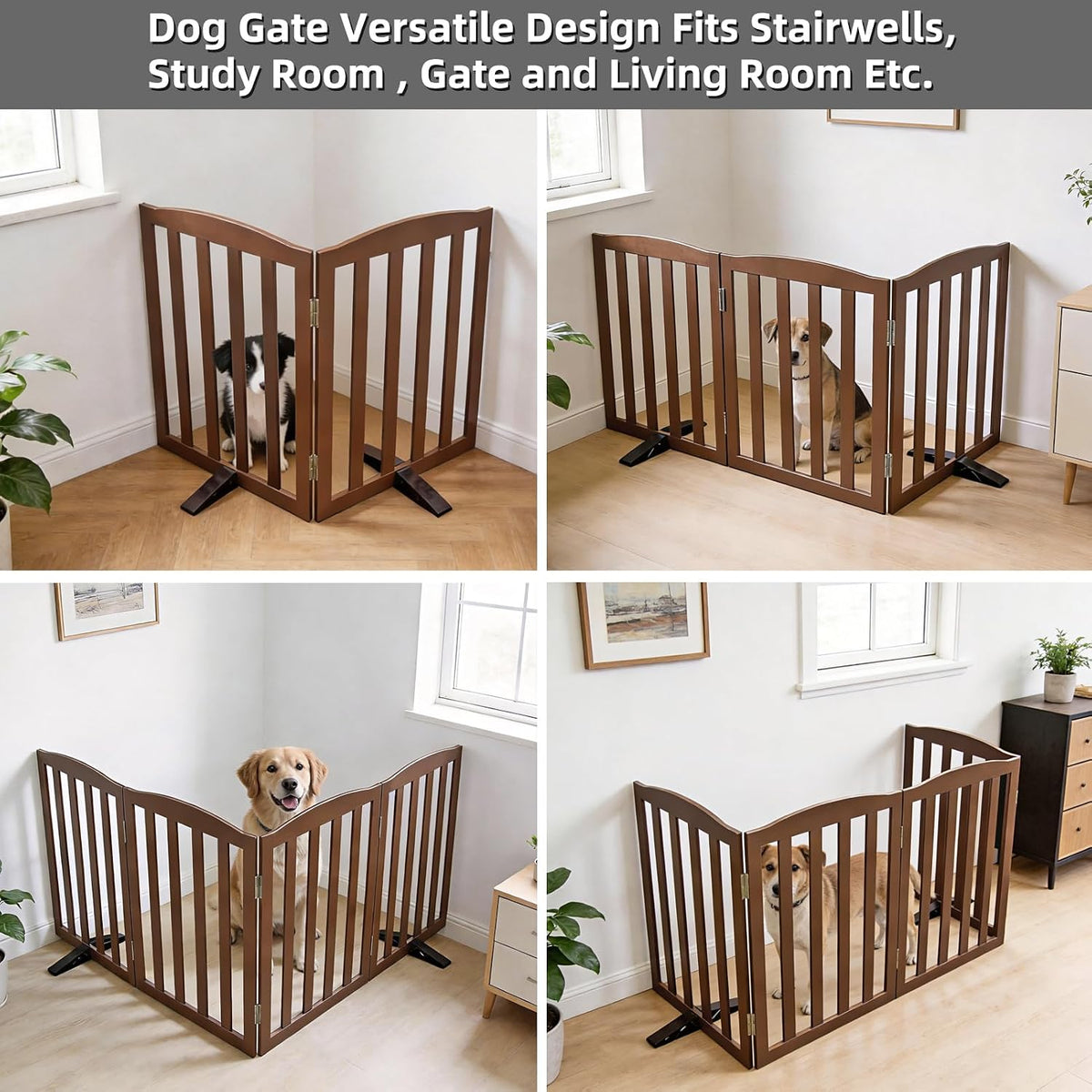 Freestanding Dog Gate Indoor,Doggie Gate Foldable Pet Gates for Doorways,Stairs or Hallways, Wooden Brown Pet Gate for the House, Pet Fence with Support Feet Included,24 "Height-2 Panels