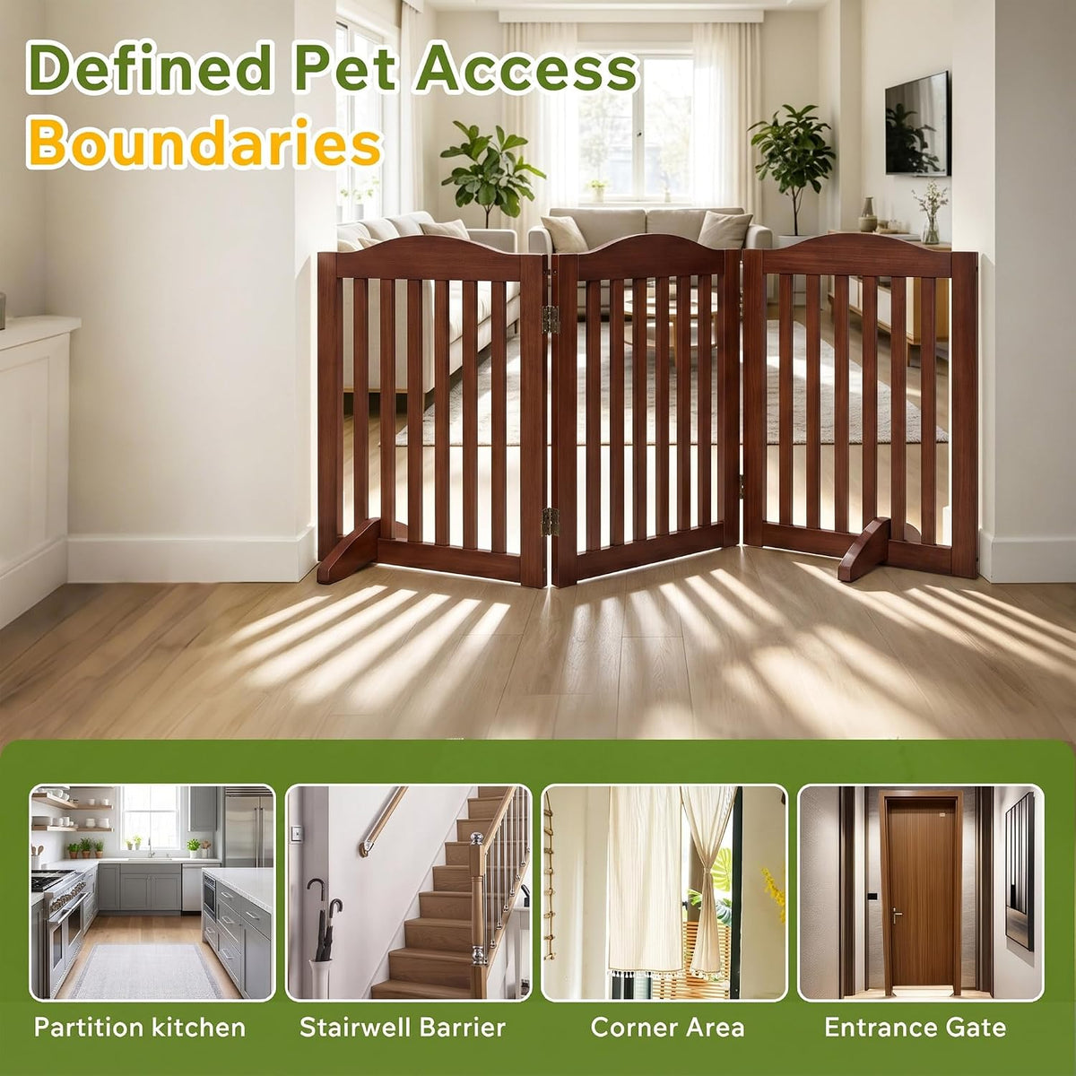 24 Inch Brown Foldable Dog Gate, 3-Panel Freestanding Solid Wood
