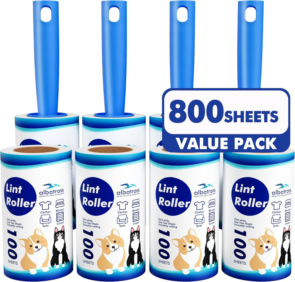 800 Sheets Lint Rollers for Pet Hair Extra Sticky, 4 Handles, 8 Rollers